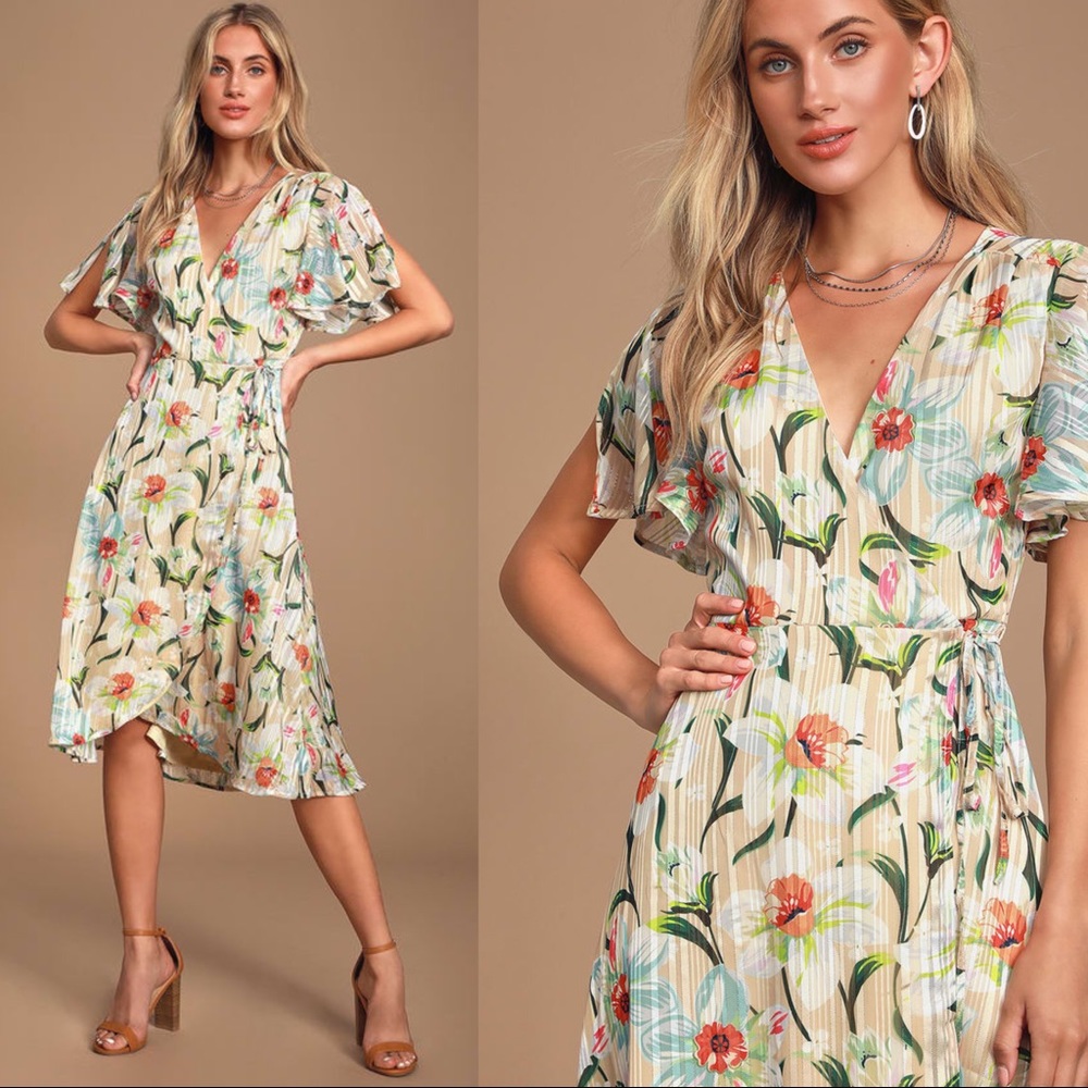 Lulus She's a Dream Beige Floral Wrap Midi Dress - Picture 8 of 8